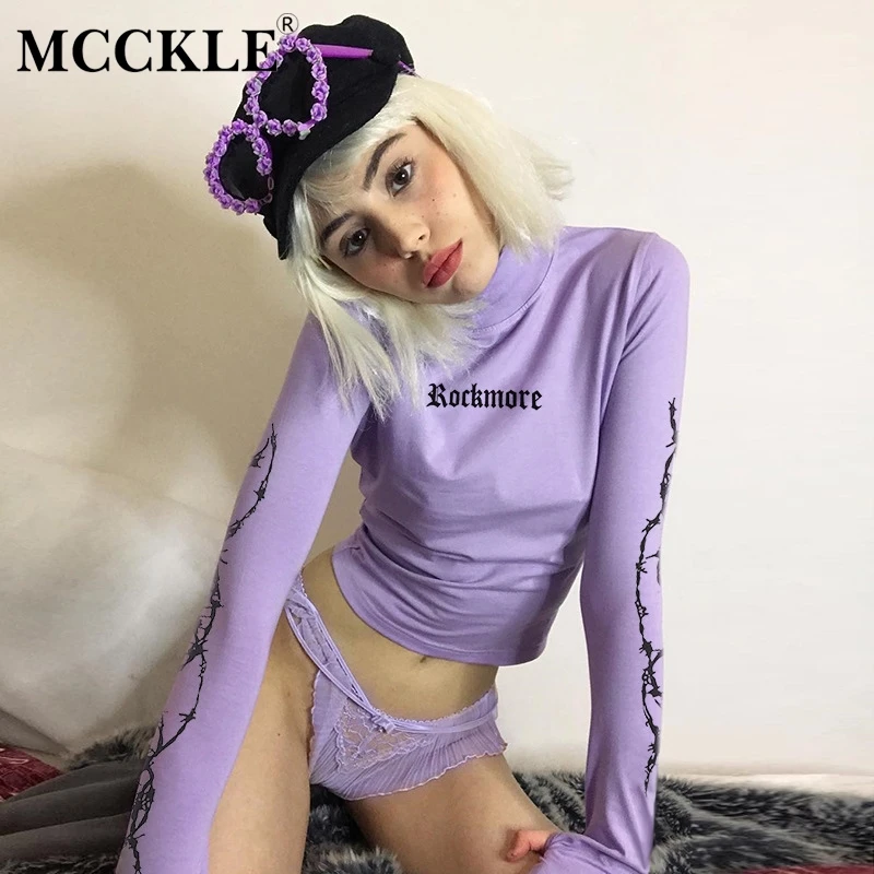 

MCCKLE Women's Sexy Turtleneck Crop Tops 2018 Autumn Female Fashion Clothes Lady Slim Letter Printed Long Sleeve Short T-Shirts