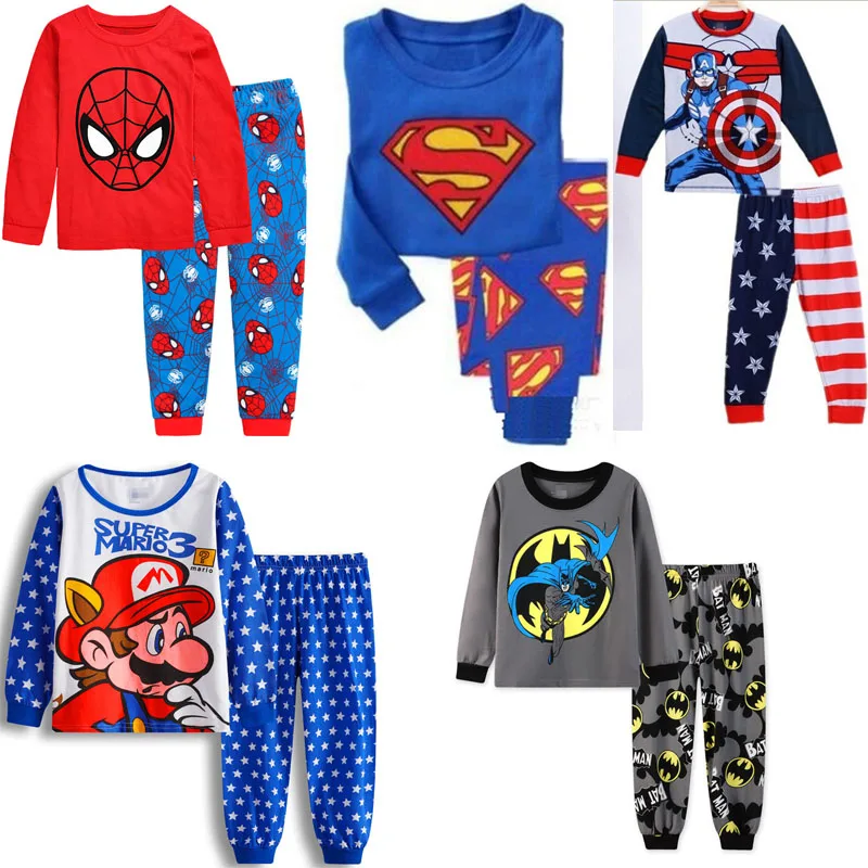 Детский пижамный комплект с супергероем Марио, суперменом и Бэтменом, хлопковая футболка+ штаны, От 2 до 7 лет, осенне-зимняя одежда для сна для девочек, повседневная одежда, SA2003
