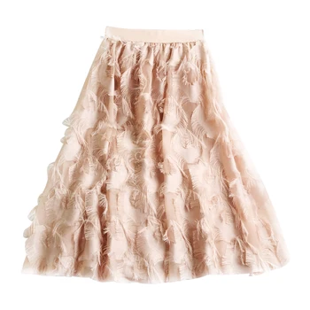 

2019 Fashion Women Skirt High Waist Fake Elegant Chiffon Feather Pattern Tulle Skirts Elastic Tassel Pleated Midi Skirts