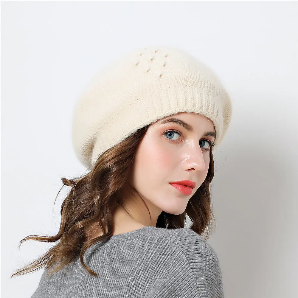 Angora Hat Women Winter Beanies Knit Warm Casual Soft Solid Color Thermal Outdoor Snow Accessory Caps Headwear  (2)