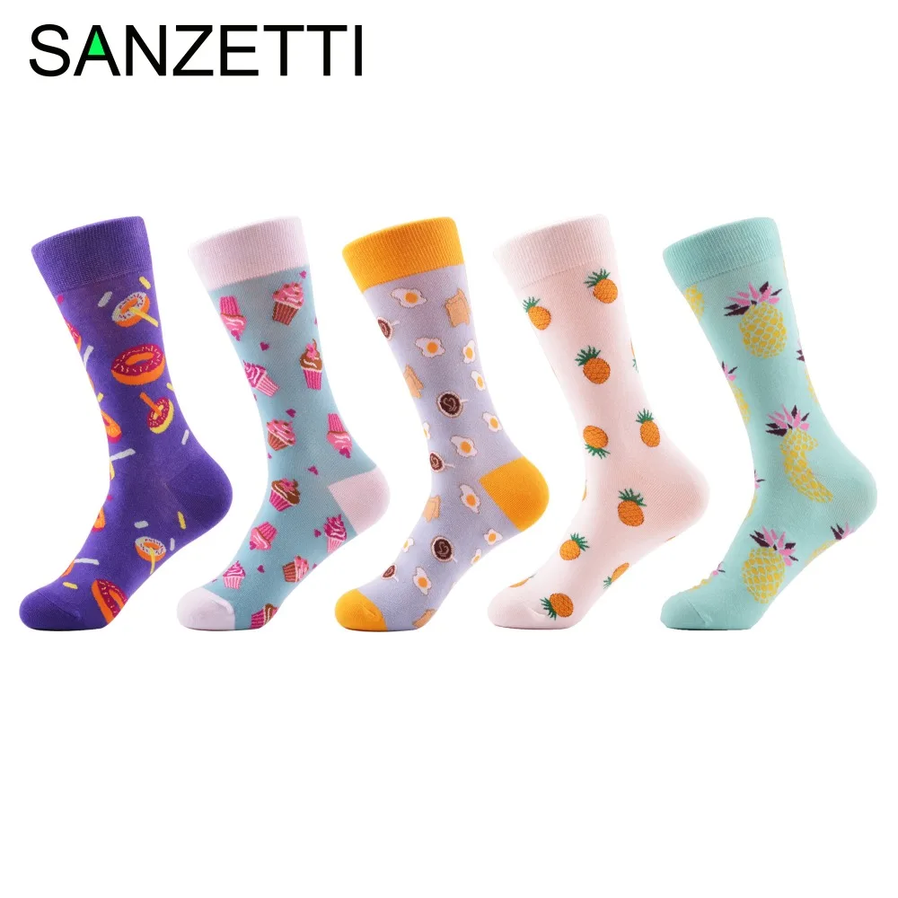 SANZETTI 5 пара/лот женские красочные пончик ананас узор милые забавные носки повседневные женские свадебные носки для подарки на день рождения