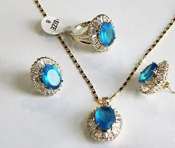 

Fine 10-14mm blue zircon beads 18KGP earring ring pendant set AAA style 100% Natural jade Noble Fine jewe