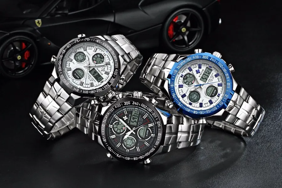 Лидирующий бренд WWOOR Япония двойной ход Мужские t кварцевые цифровые часы мужские спортивные светодиодный часы в стиле милитари наручные часы полностью стальные мужские часы