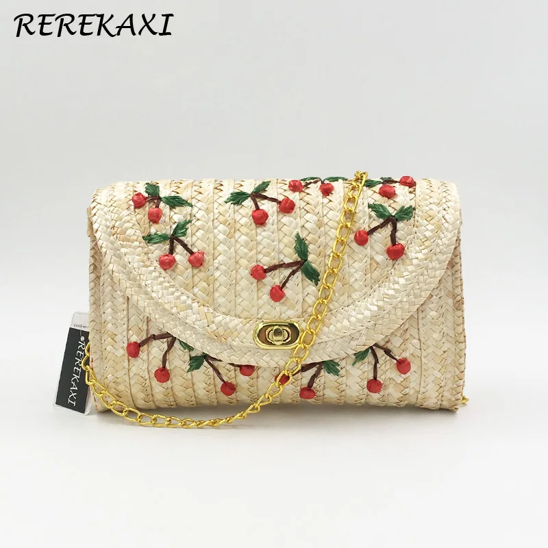 REREKAXI New Summer New Cherry Straw Messenger Bags Woven Day Clutch Flap Bag Beach Package Crossbody Chain Bags Grass bag