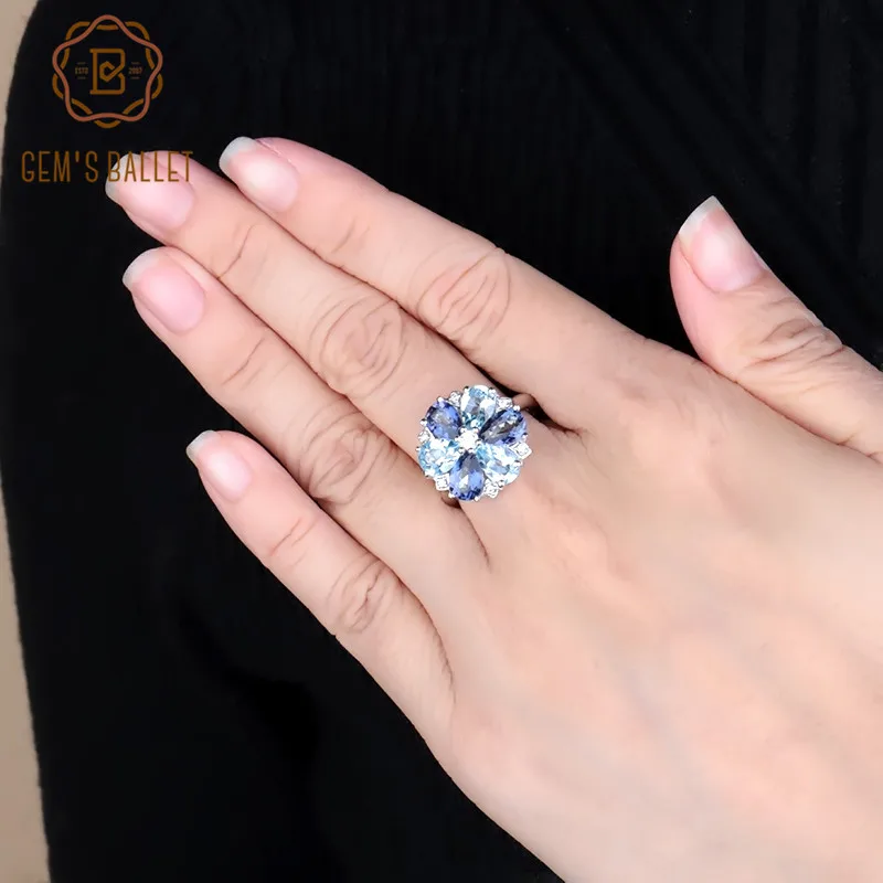 

GEM'S BALLET New Fashion Natural Sky Blue Topaz Mystic Quartz Cocktail Ring Pure 925 Sterling Silver Flower Rings For Women Fine