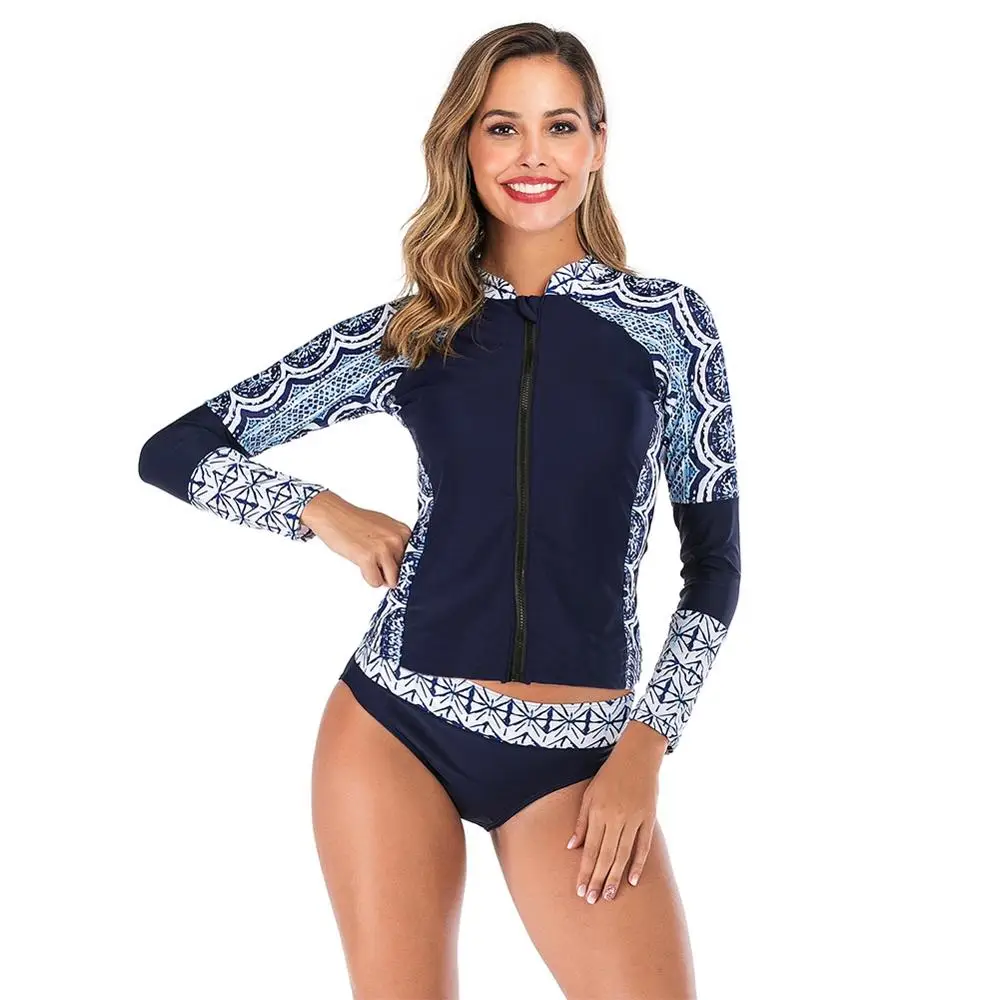 

2019 split long-sleeved surf suit sunscreen female blue Fashion swimsuit hot spring wetsuit two pieces swimwear Plus size S-XXL