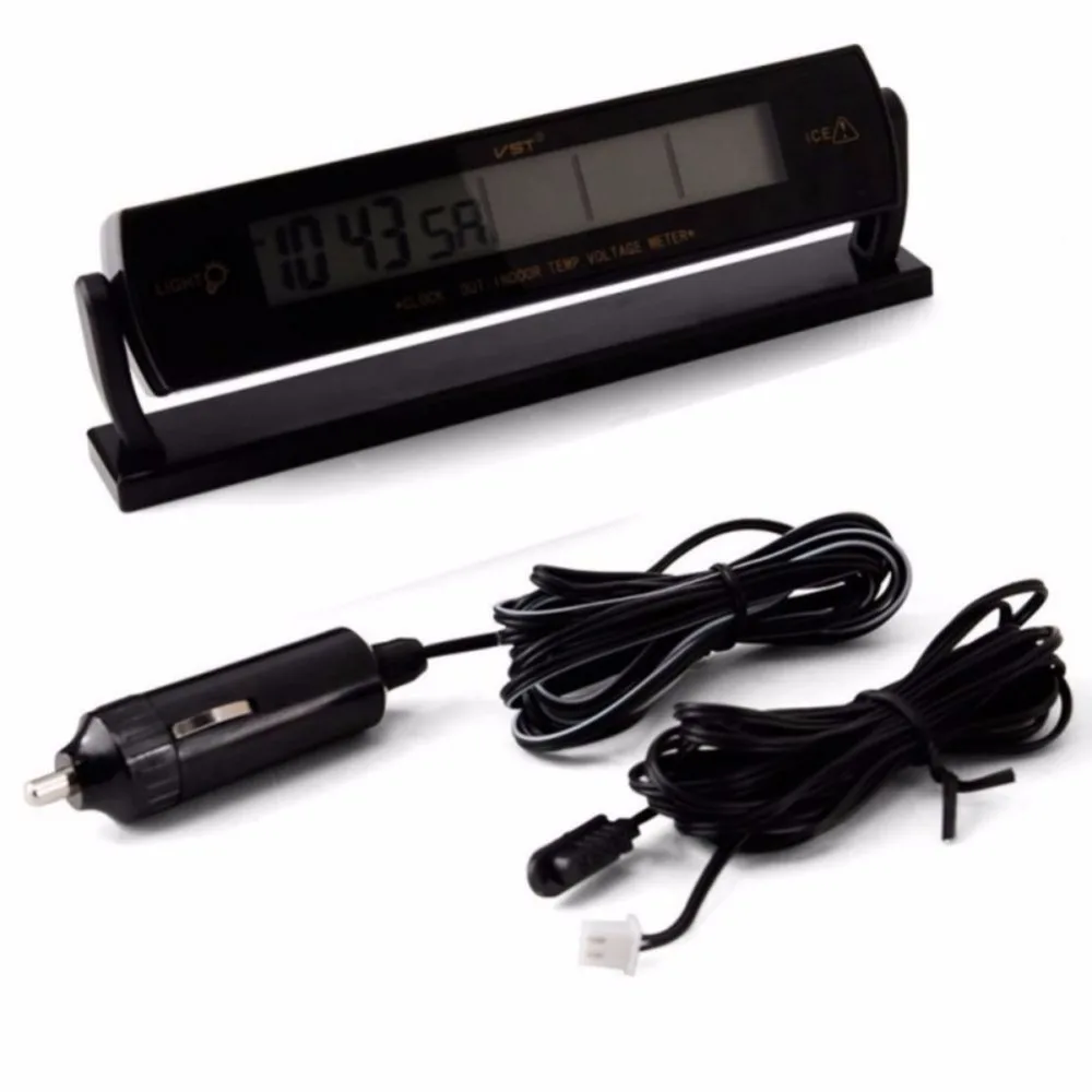 ONEWELL Car Black Auto Clock Voltage Digital LCD Car Temperature Thermometer Alarm Clock with Cigarette Lighter Cable