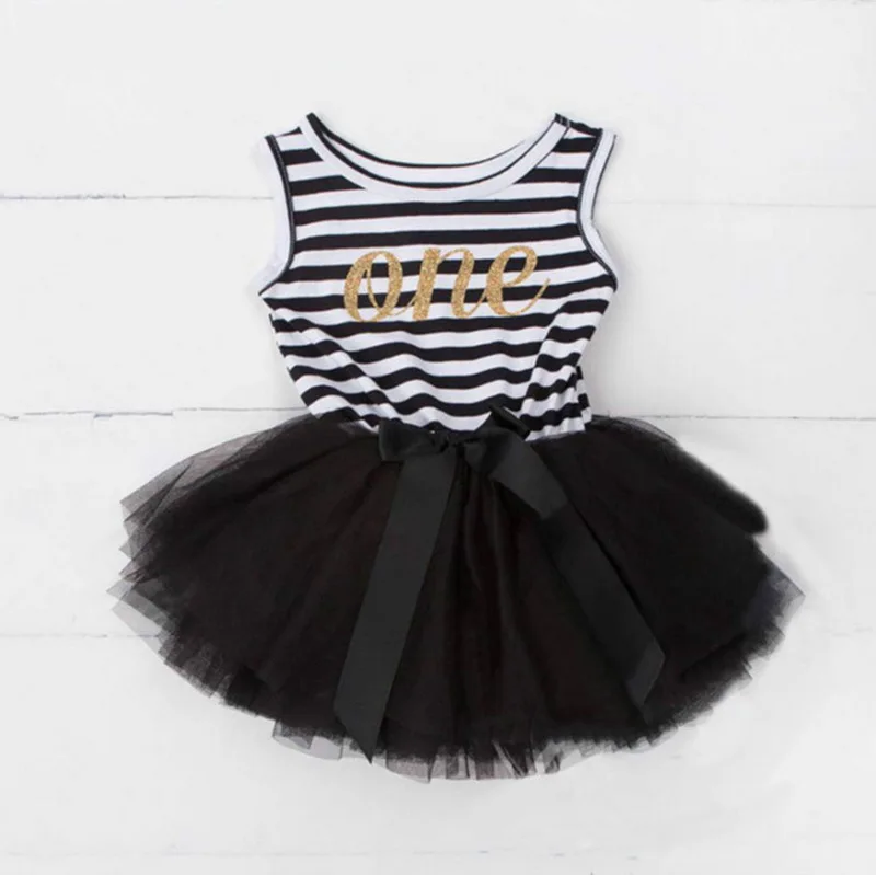 Платья для Дня Рождения для маленьких девочек 1-2-3T в полоску без рукавов Летнее платье принцессы платье с фатиновой юбкой детская одежда E90239 - Цвет: black 1T