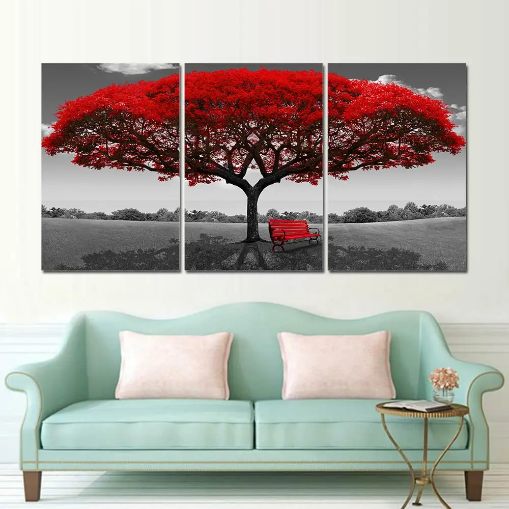 

large wall pictures 3 panel red tree enchant trees canvas art painting Print framework secenery painting wall art for livingroom