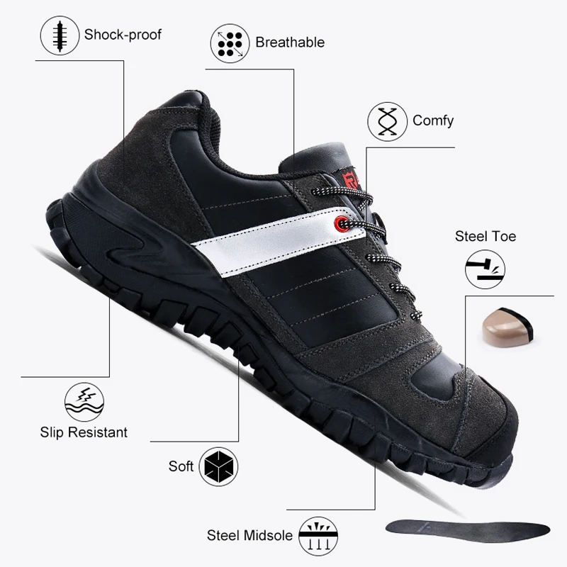 Black Zapatillas Hombres Zapatos Prueba Punción Deporte Casual Seguridad Anti Puntera Acero Aire Genuino gray De Calzado Modyf Libre kick Al Cuero Trabajo SRwxSq