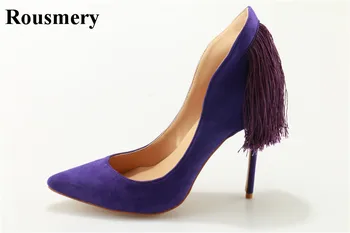 

Women Spring Fashion Pointed Toe Suede Leather Purple Red Tassels Pumps Charming Fringed Slip-on High Heels Formal Dress Shoes