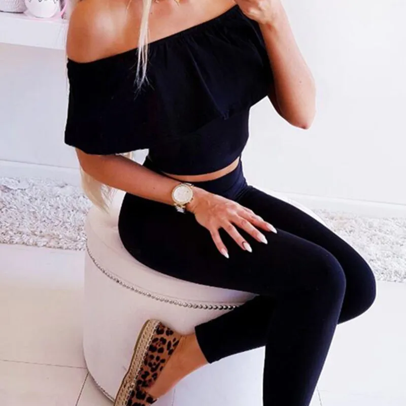 2019 الربيع الصيف اللياقة البدنية الترفيه مثير سليم القطع الرقبة قبالة الكتف مرونة الخصر الصلبة المرأة مجموعة حللا جديد