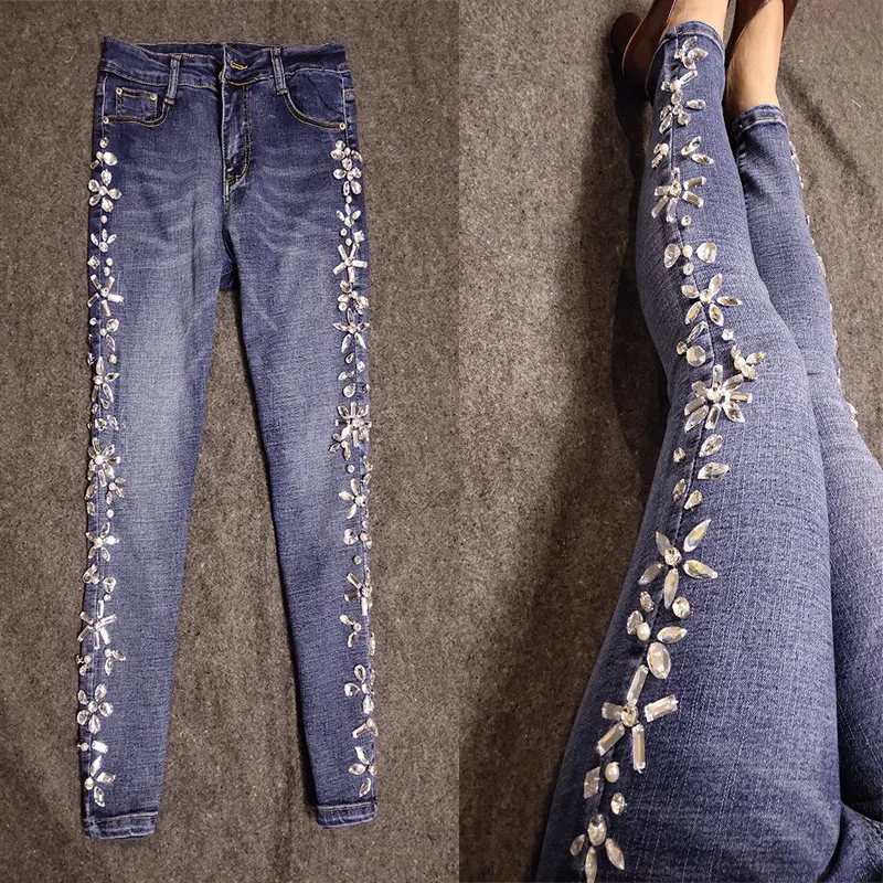 

Plus Size 26-32 Beaded Rhinestone Cropped Women Jeans High Waist Pearl Diamond Skinny Pencil Jeans Ankle Length