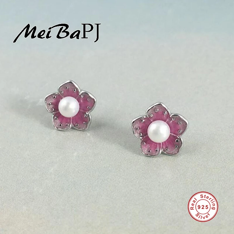 

[MeiBaPJ]4mm freshwater pearl 925 sterling silver stud earrings for women promotion item high quality Cherry blossoms earrings