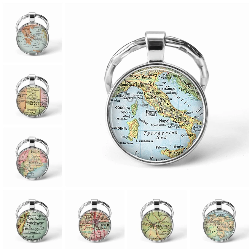 

2018 Newest Metal Key Chains Handmade Vintage Italy World Map Earth Geography Key Chain Glass Dome Keychains for Men Women Gift