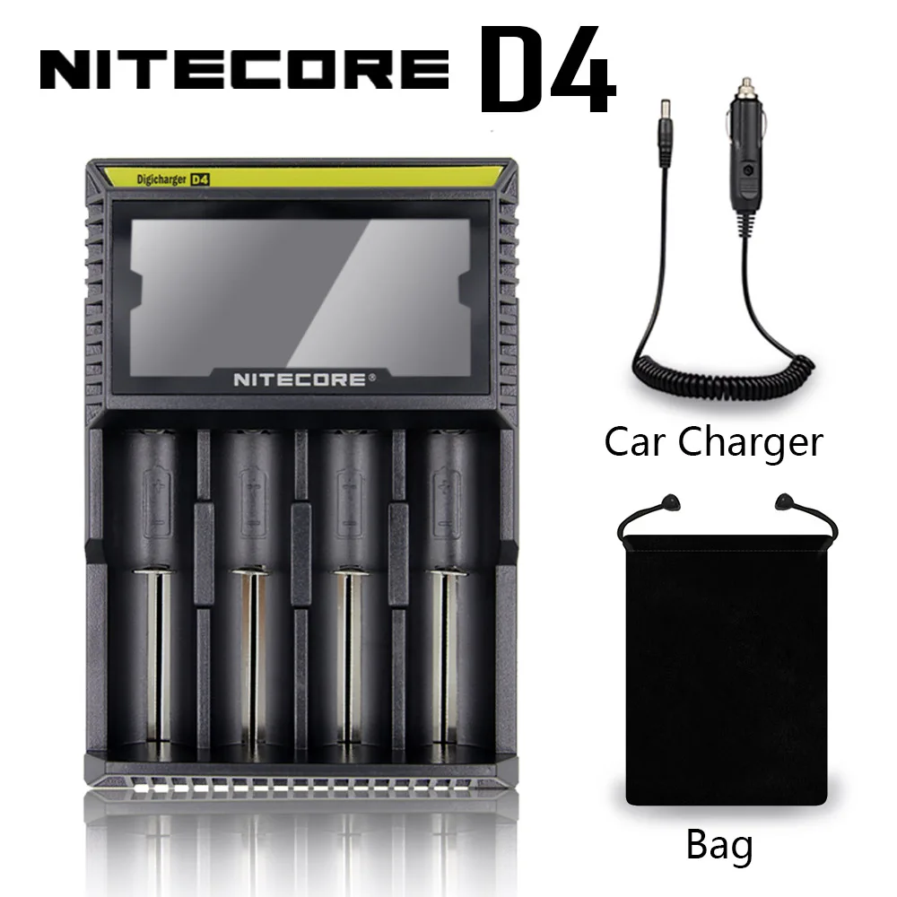 Популярное оригинальное зарядное устройство Nitecore D4 Digi, интеллектуальная ЖК-схема, глобальная страховка, литий-ионный аккумулятор 18650 14500 16340 26650, зарядное устройство - Цвет: D4 Bag Car Charger