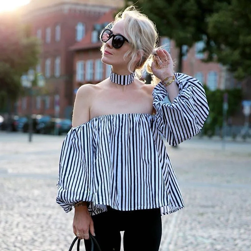 

Hot American Style New 2020 Autumn Women's Fashion Slash Neck Long Sleeve Striped Blouses Tops Female Casual Shirts Flamant Rose