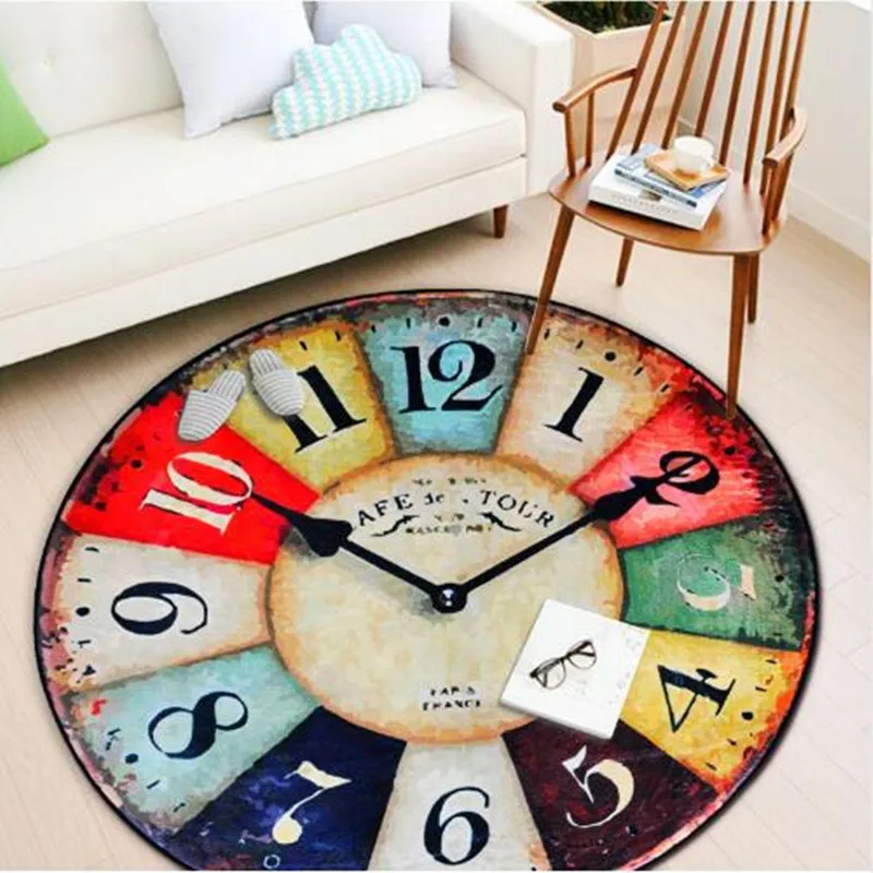 Thicken Tapete Vintage Wall Clock Printed Round Carpet Living Room Bedroom Rugs Anti-Slip Wear-Resisting Baby Crawling Soft Mats