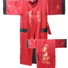 Красный Двусторонняя китайская Для мужчин Шелковый Атласный халат кимоно с вышивкой с изображением дракона, S0004