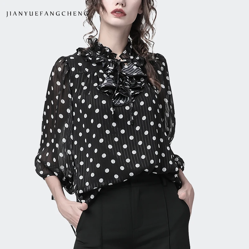 

Polka Dot Blouse Women Tie Neck Ruffles Chiffon Top Stand Collar 7/10 Sleeve Elegant Cute Black Pink Blouses School Plus Size