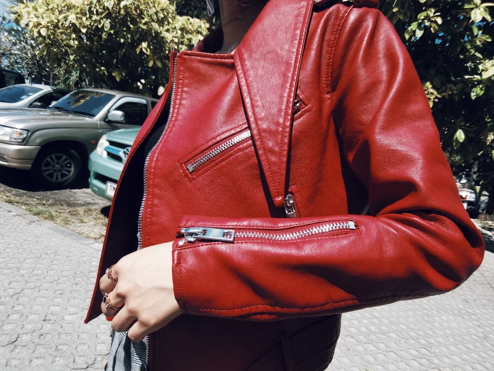 Женская куртка из искусственной кожи, Брендовое пальто из искусственной кожи с длинным рукавом, красный цвет, большой размер XS, размер XL, мотоциклетная байкерская куртка, Женская куртка