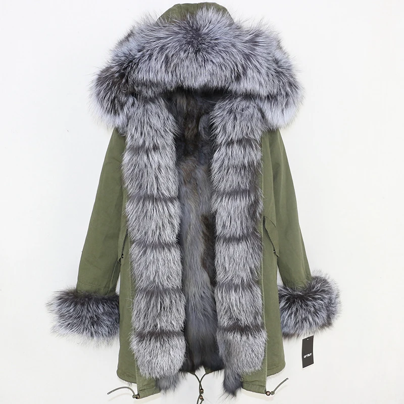 OFTBUY, длинная парка, зимняя куртка для женщин, натуральный Лисий мех енота, пальто с воротником, толстая теплая верхняя одежда, уличная одежда, съемная - Цвет: green silver