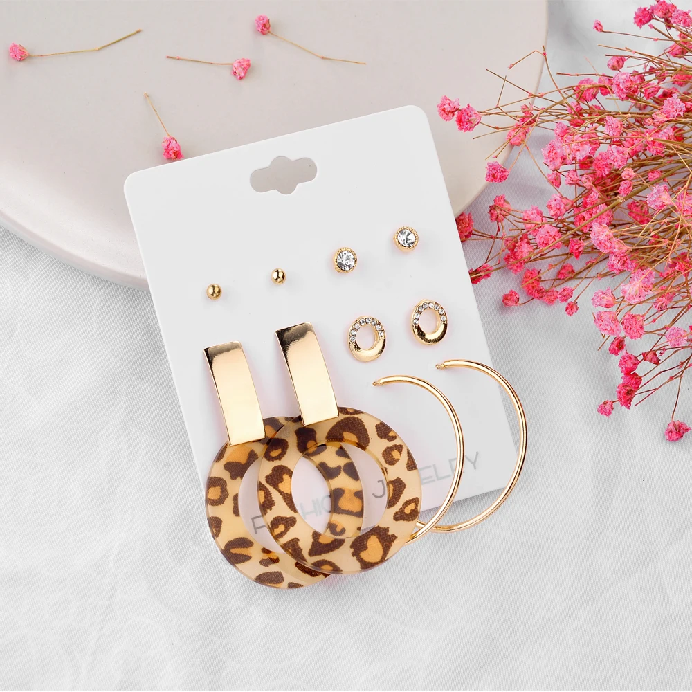 DANZE модные ювелирные изделия 5 пар/лот серьги-гвоздики наборы Кристаллы Стразы Леопардовый принт большой круг золотые серьги для женщин девушек