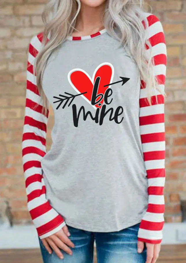Be Mine Heart Arrow Printed Tees Valentines T Shirt Women Long Sleeve