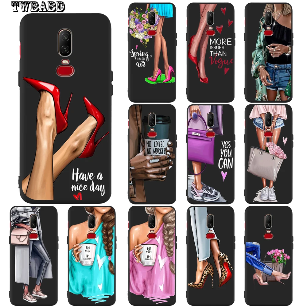 

Coffee Flower Girl High heels Flower Luxury Case For Cover Oneplus 7 7Pro 6t 6 5 5t Soft shell for Oneplus 6T Capa Cover Etui