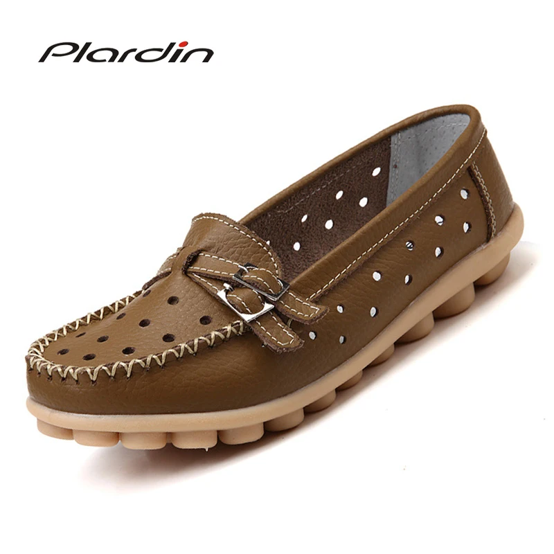

Plardin Women Cutouts Genuine Leather Shoes soft Comfortable Buckle Metal Decoration Flats Nurse Casual Handmade Ballet Flats
