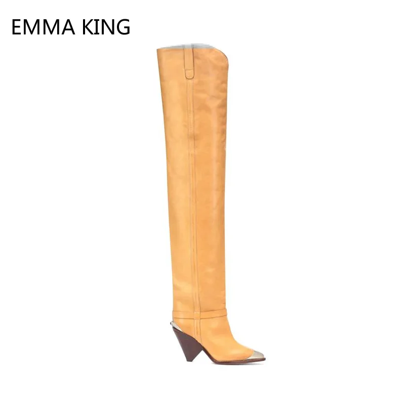 

Winter Hot Sale Iron Pointed Toe Woman Leather High Heel Thigh Long Boots Brown Black Over Knee Boots Womens