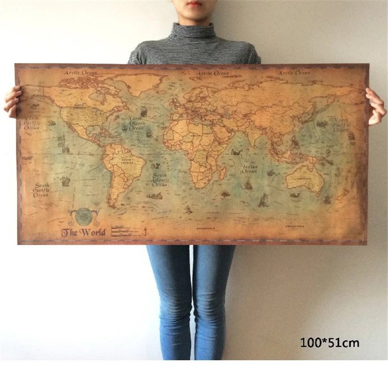 

ZOOYOO Nautical Ocean World Map Retro Old Art Paper Painting Home Decor Sticker Living Room Poster Cafe Antique Poster