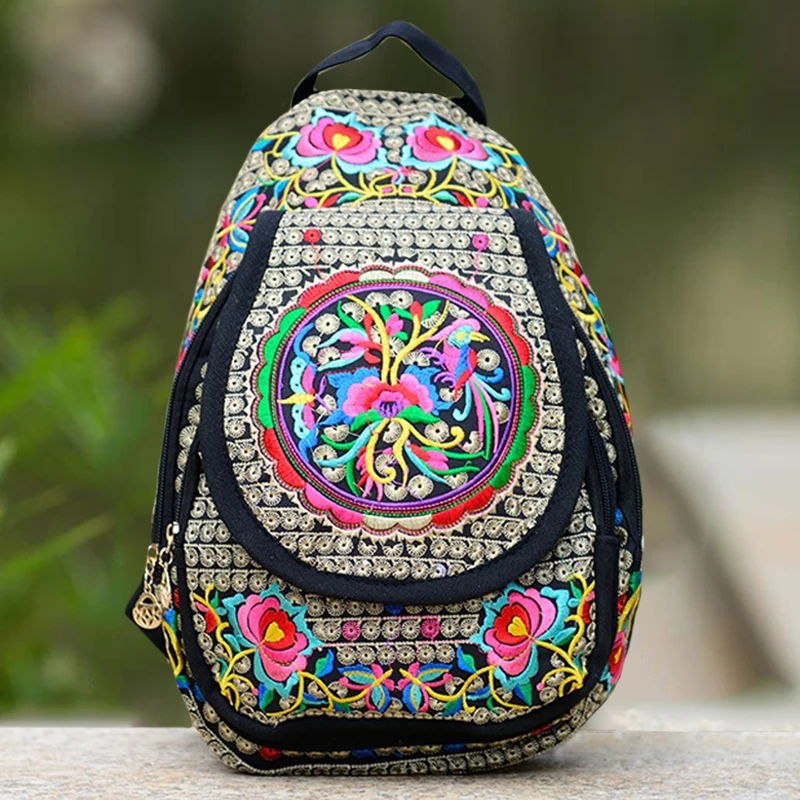 Vintage Embroidery Ethnic Canvas Backpack Back Bag Women Chinese Yunnan