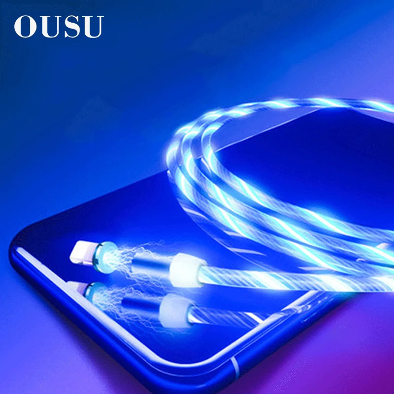 

OUSU 2.4A Fast Charging 3 in 1 Magnetic Cable For iphone Glowing USB Type C Magnet Charger Cable For xiaomi Micro USB Android