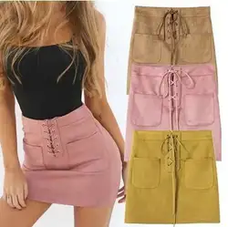 2019 Весна новое поступление тонкая шикарная Передняя шнуровка Sude юбка-карандаш с двойной карманы, набедренный мини-юбка женская одежда