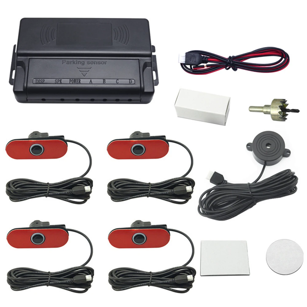 

Car Parking Sensors Parktronics 4 Black/Silver/White Flat Sensors Reverse Backup Radar Sound Buzzer Alarm Adjustable Sound DY260