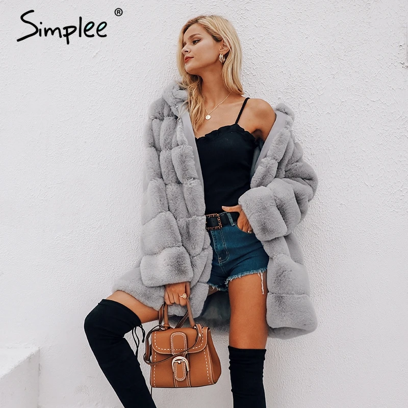  Simplee Vintage fluffy hoodie faux fur coat women Winter grey jacket coat female Plus size warm lon