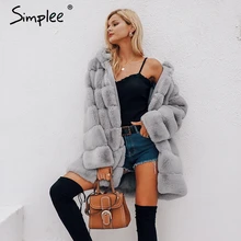 Simplee Vintage fluffy hoodie faux fur coat mujer invierno gris chaqueta abrigo femenino de talla grande caliente largo casual abrigos