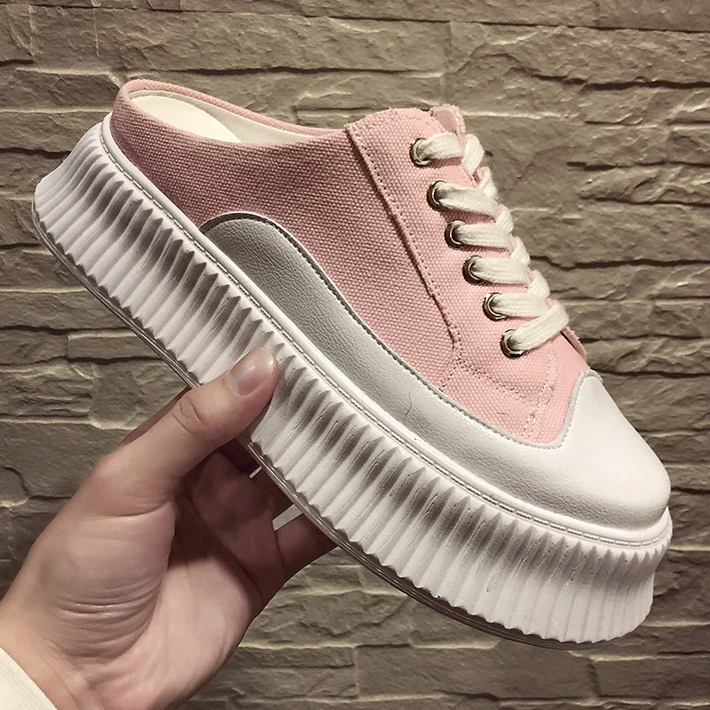 

Summer wear canvas womens Baotou half slippers new leisure thick sole Joker heel-less loafers Female slippers tide Yasilaiya