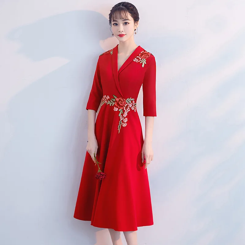 Вечернее платье Для женщин вечерние цветок с коротким рукавом цвет красного вина вечернее платье для выпускного вечера с v-образным вырезом, с молнией, а-силуэт Размеры Robe De Soiree E419 - Цвет: Red knee-length