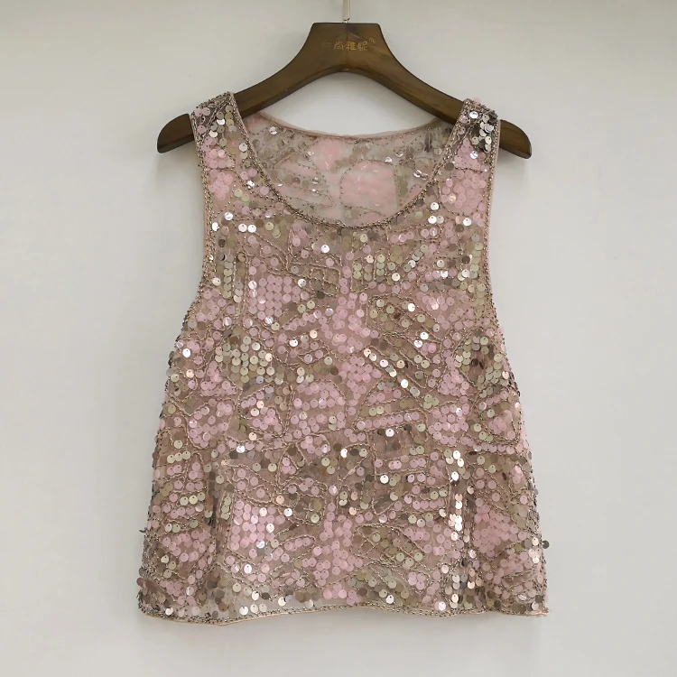 

Pink Embellished Sequin Evening Top Ladies Vintage Beaded Mesh Top Summer Casual Sleeveless Paisley Tank Top with Appliques