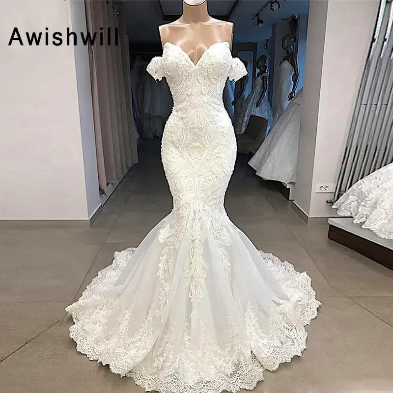 1 New Arrival Real Image Wedding Dress 2019 Mermaid Sweetheart Off Shoulder Lace Appliqued Beads Bridal Wedding Gowns Custom Made