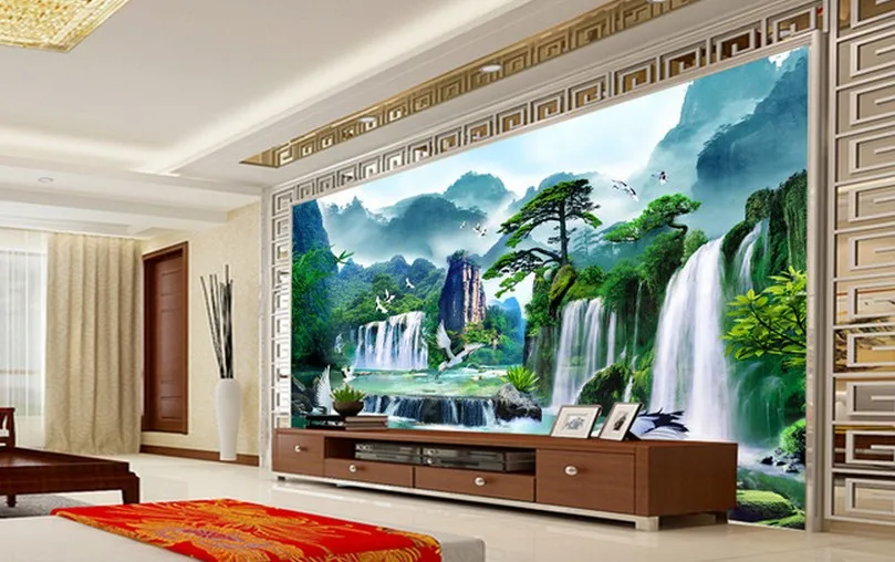 

Customized mural wallpaper large 3D Chinese style scenery with waterfall pine behind sofa as background in living room