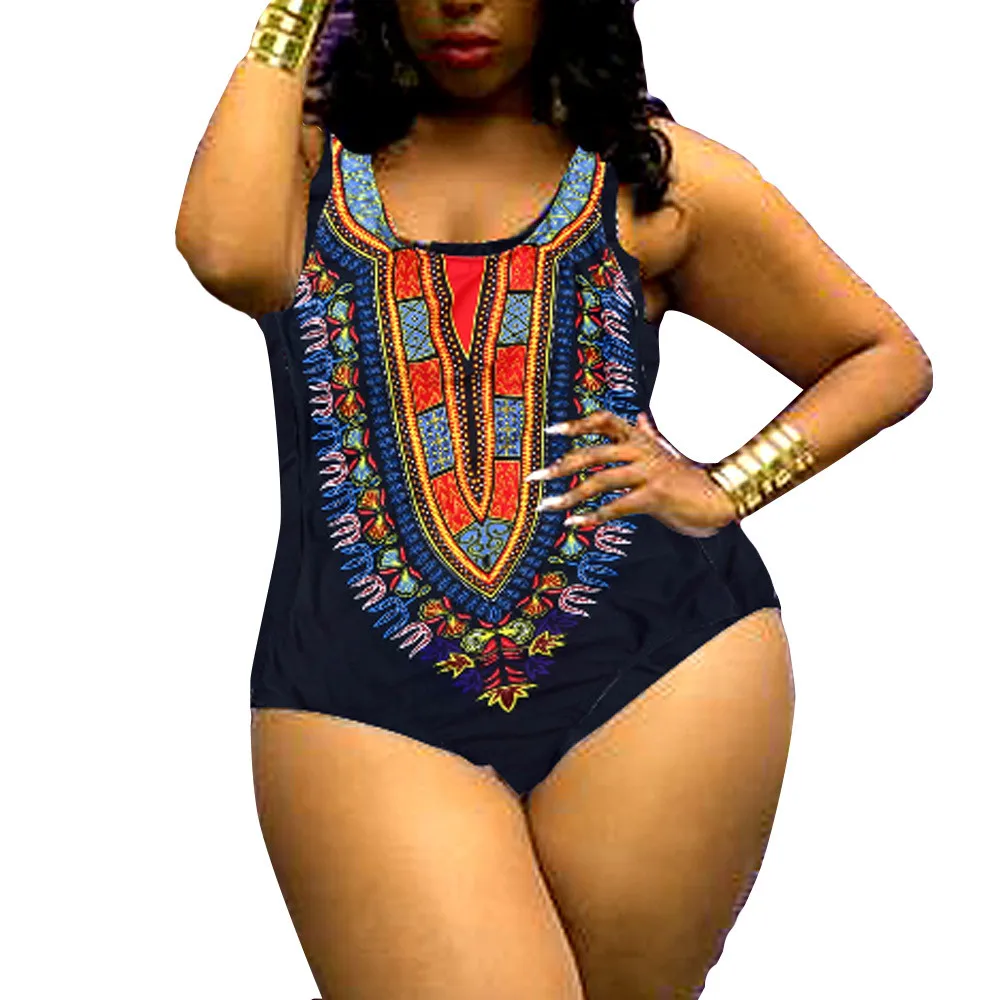 

Plus Size 3XL African Flower Swim Bikini Jumpsuit Sexy Padded One Piece Swimwear Floral Ethnic Cheif Flower Monokini Beachwear