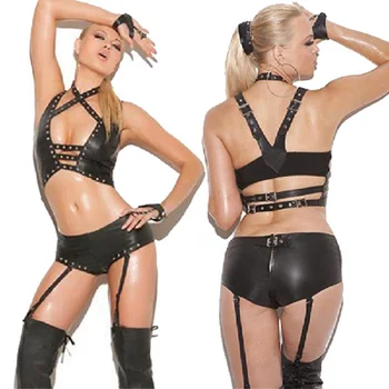 

High Quality Sexy Lingerie Set Black Gothic Rivet Halter Bra Vest Vinyl Leather Lingerie Underwear Plus Size Fetish Lingerie