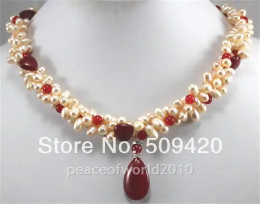 

Free Shipping Wholesale>>>3 Rows Twist Pink Freshwater pearl Red Jade Necklace
