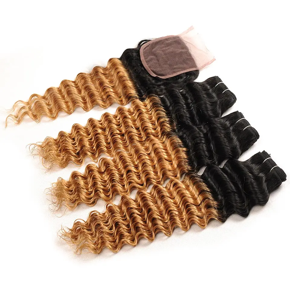Pinshair Per-Colored Ombre T1B27 Malaysian Deep Wave 3 Bundle With Closure Blonde Human Hair Extension 4Pcs Weave Non Remy Hair (54)