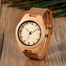 BOBO BIRD Men Watch Bamboo Wooden Quartz Wristwatches Male with Luminous Hands with Leather Band in