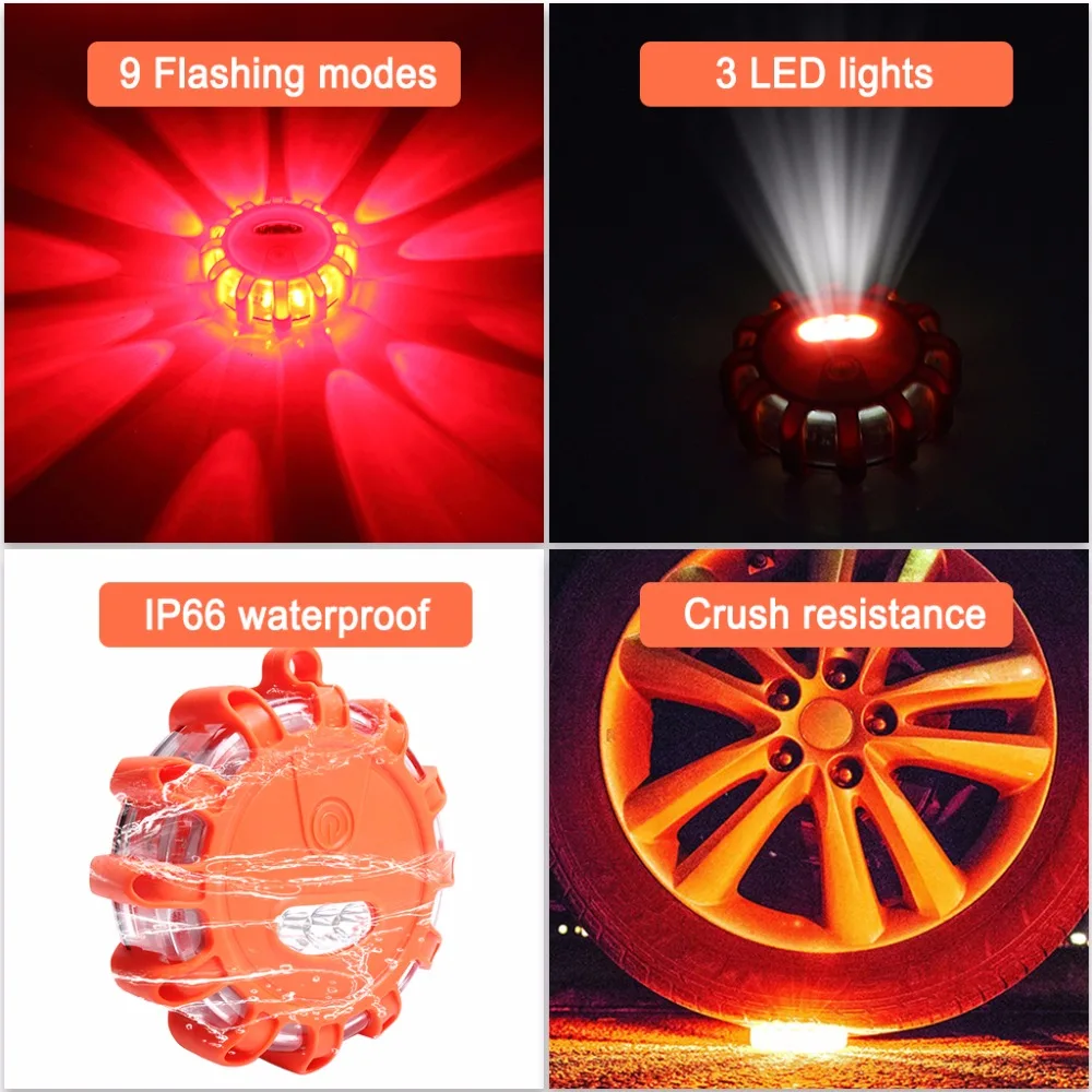 3 шт. СВЕТОДИОДНЫЙ дорожный аварийный светильник светодиодный вспышка безопасности светильник для дорожного покрытия Предупреждение магнит мигание диск маяк с сумкой для хранения