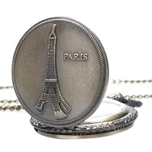 Bronce Vintage elegante Fance recuerdo de París Torre Eiffel reloj de bolsillo de cuarzo hombres mujeres COLLAR COLGANTE con cadena larga P06